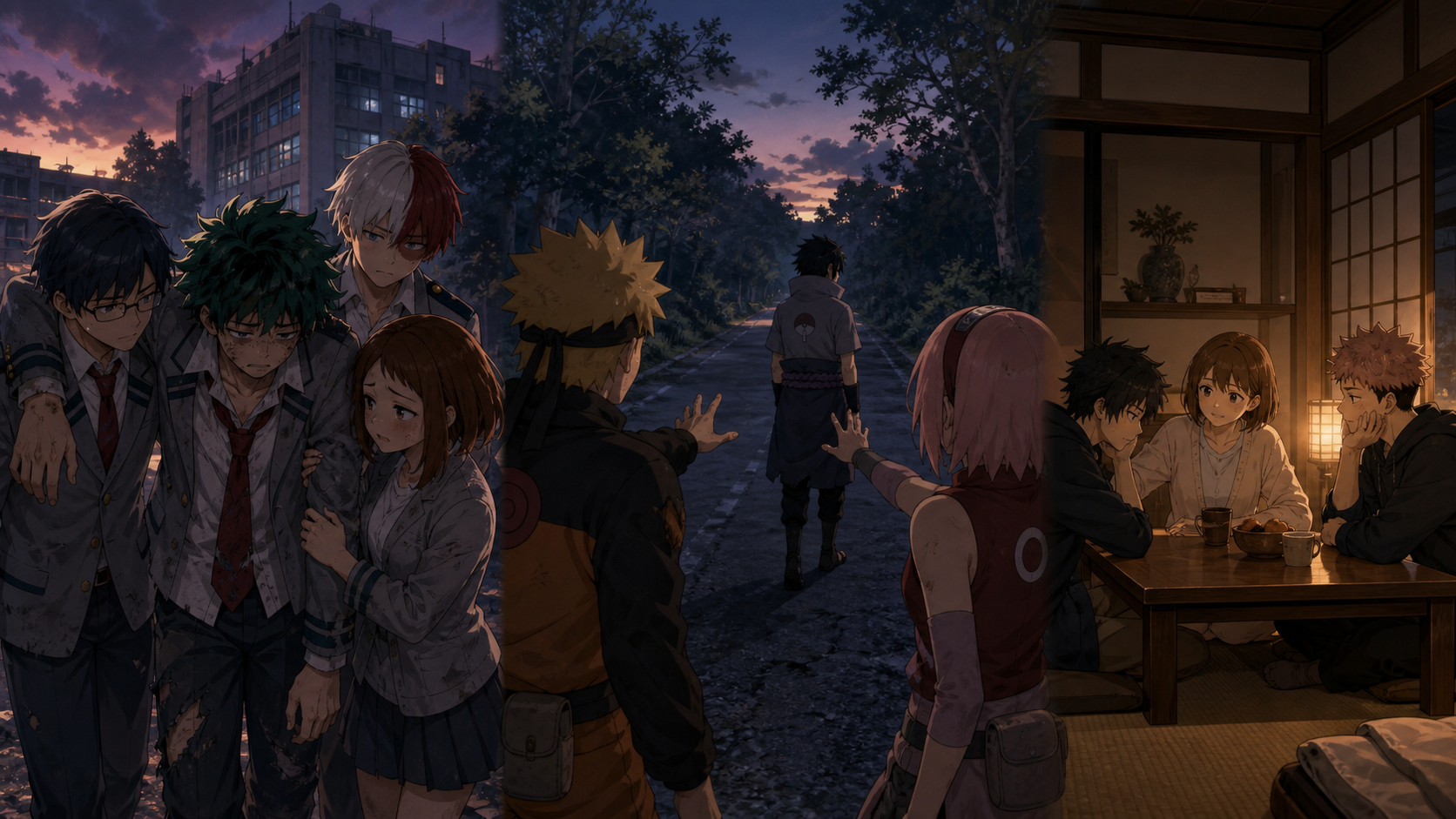 Original fan art of exhausted anime friends supporting a young hero, Naruto and Sakura reaching toward Sasuke, and friends sharing care around a table