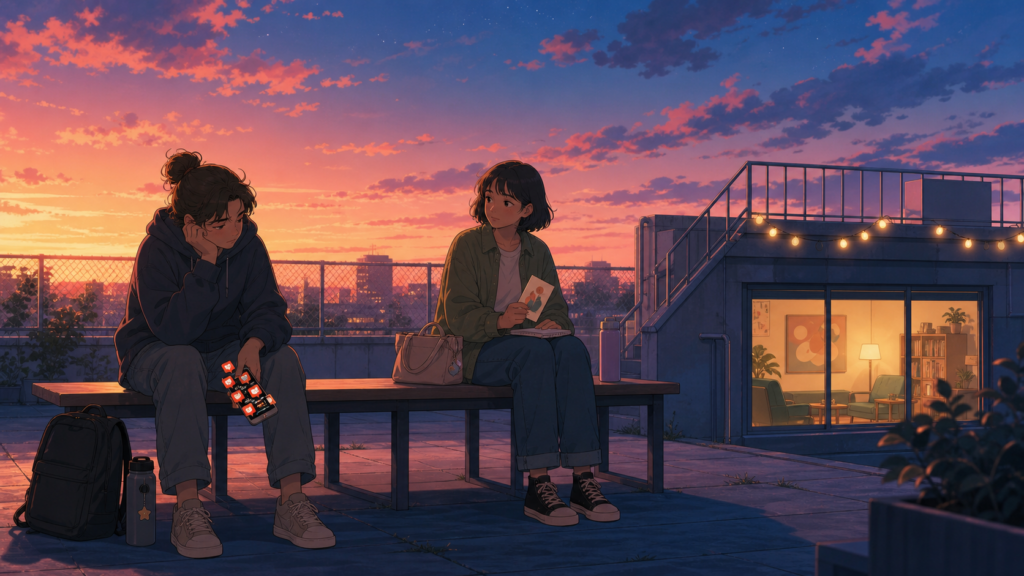 Two teenage friends sit apart on a school rooftop while a warmly lit counseling office represents healthier emotional support and boundaries