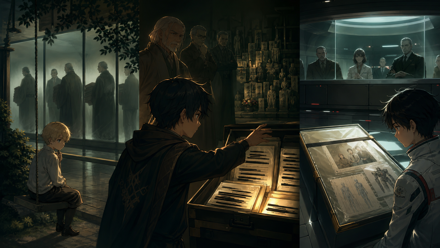 Original fan art of a lonely child near an academy swing, a survivor opening redacted clan records, and a young pilot facing classified family and medical files