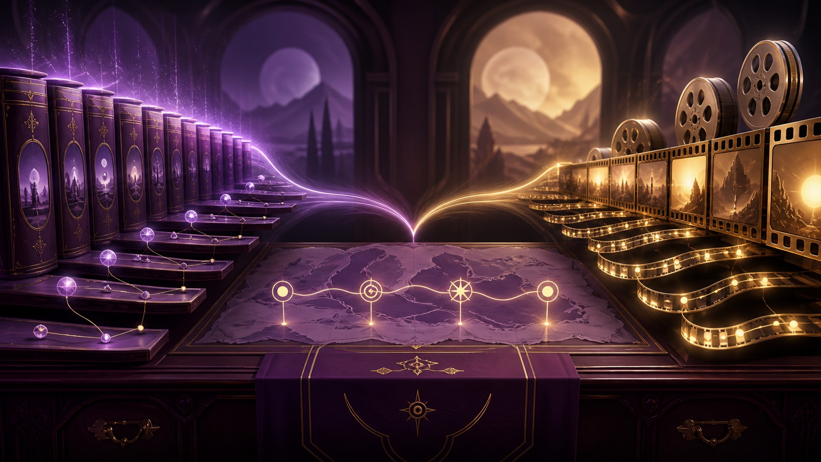 Original movie and season recap library artwork showing story volumes and film strips joining a completed-story map