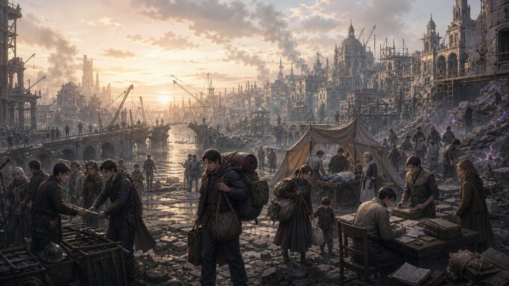 Fantasy city residents, veterans, engineers, and clerks rebuilding after a devastating war