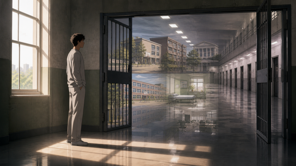A dignified young detainee stands beside an open prison gate reflecting schools, housing, health care, and civic offices