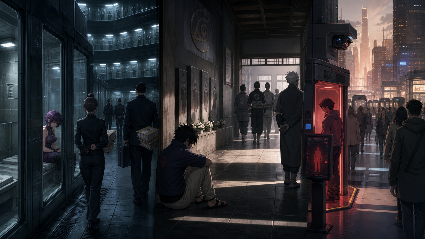 Original fan art of an underground superhuman prison, a neglected shinobi prisoner beneath village authority, and a futuristic city scanner assigning risk before a crime