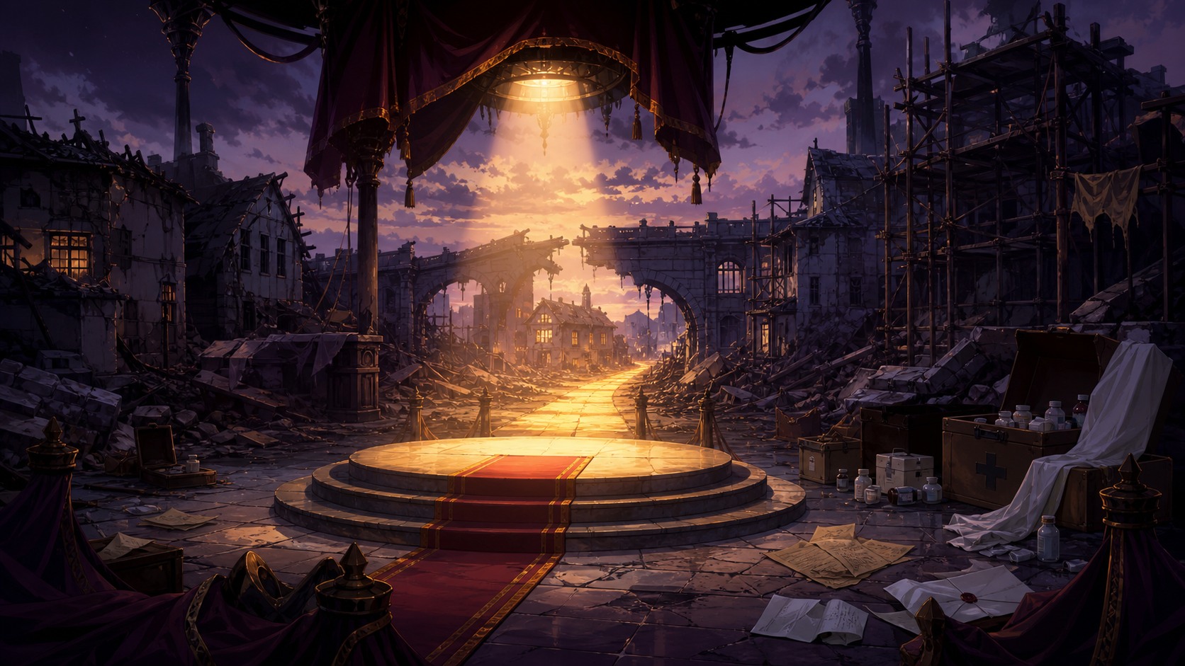 A former anime villain receives public forgiveness while damaged homes and unpaid victims remain behind the ceremony