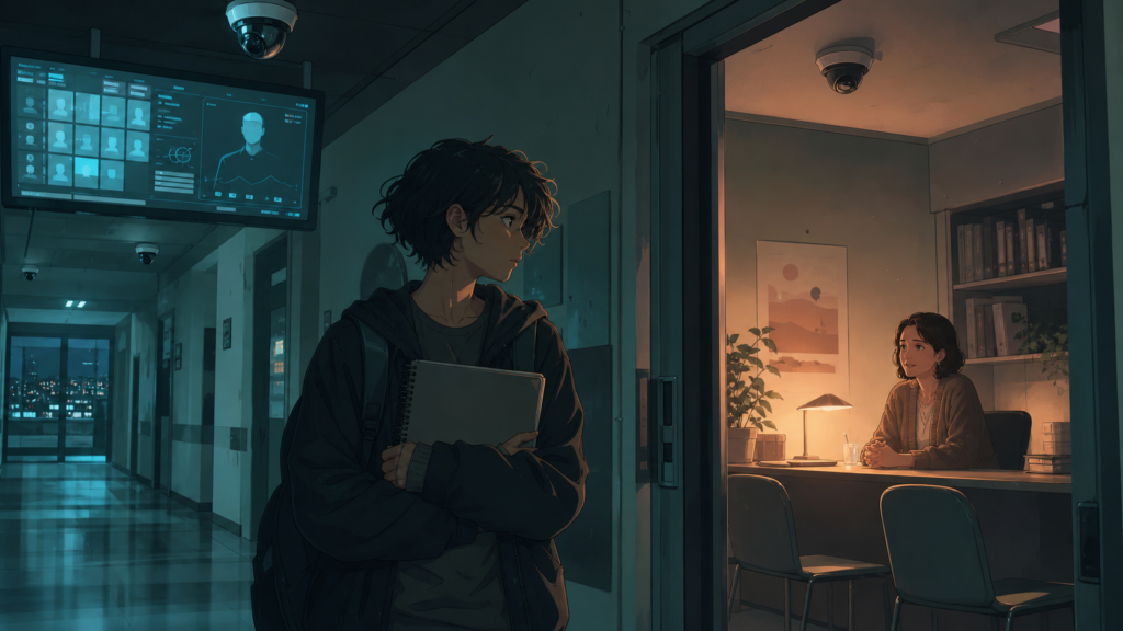 A guarded student stands beneath academy cameras beside a warmly lit counseling office offering a private human conversation