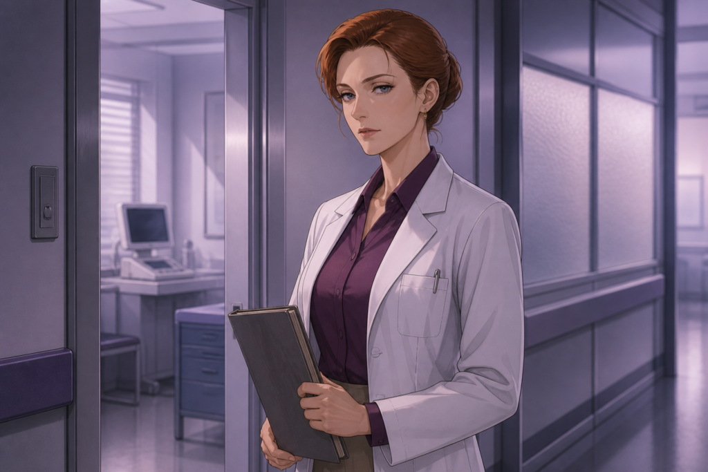 Asuka’s stepmother, a German physician, stands fully clothed in a quiet hospital corridor holding a closed patient chart.