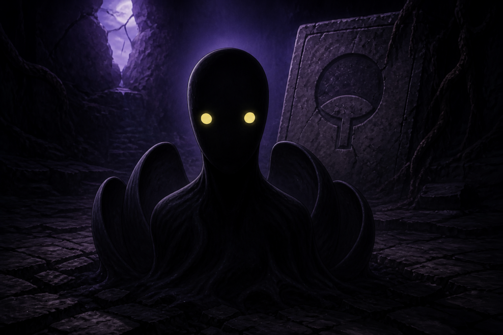 Black Zetsu emerging from ancient stone beside the altered Uchiha tablet