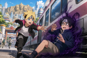 Boruto reaches for Denki beside a modern Konoha train in Boruto Episode 1