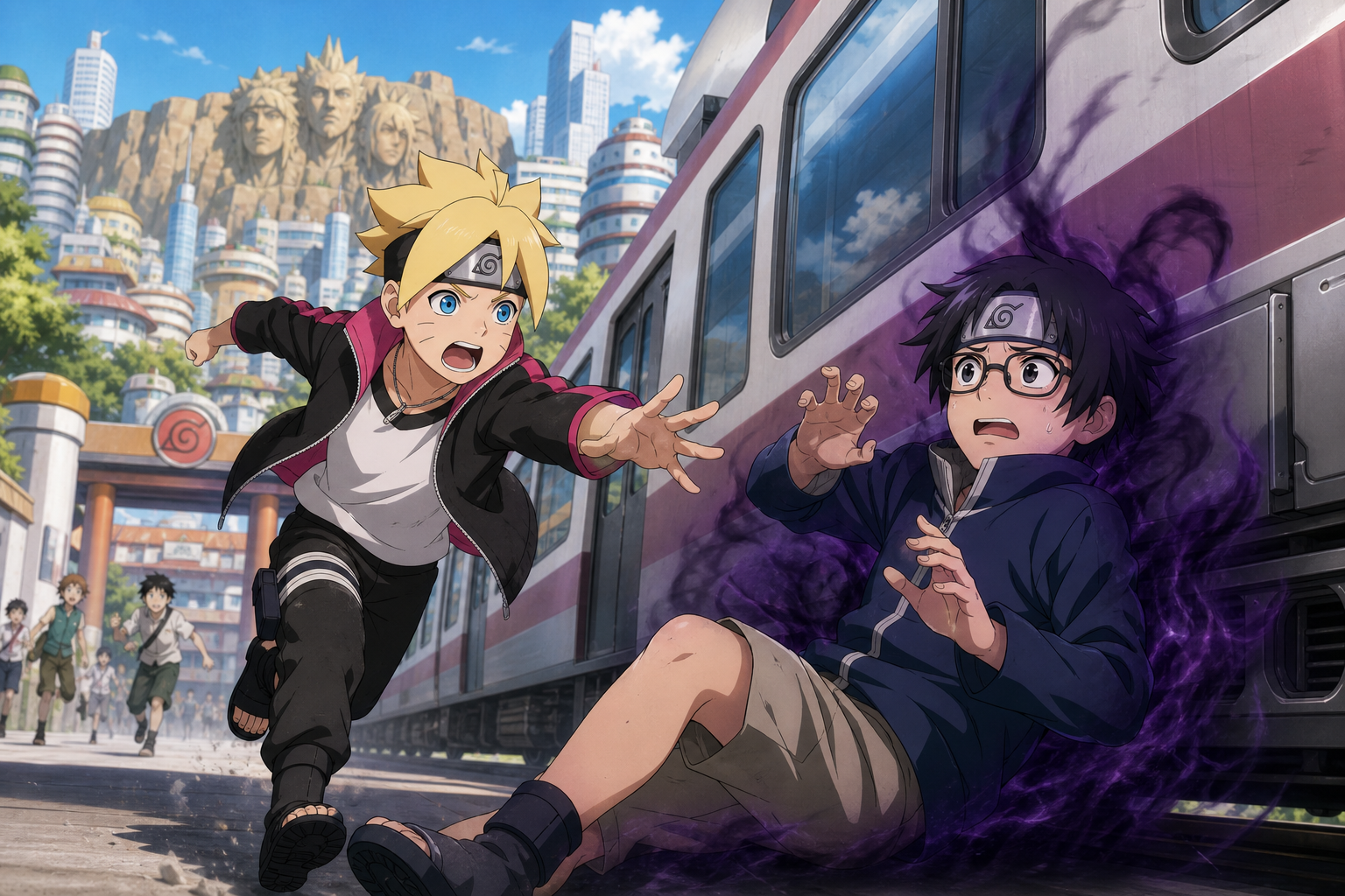 Boruto and Denki ride through modern Konoha in Boruto Episode 1
