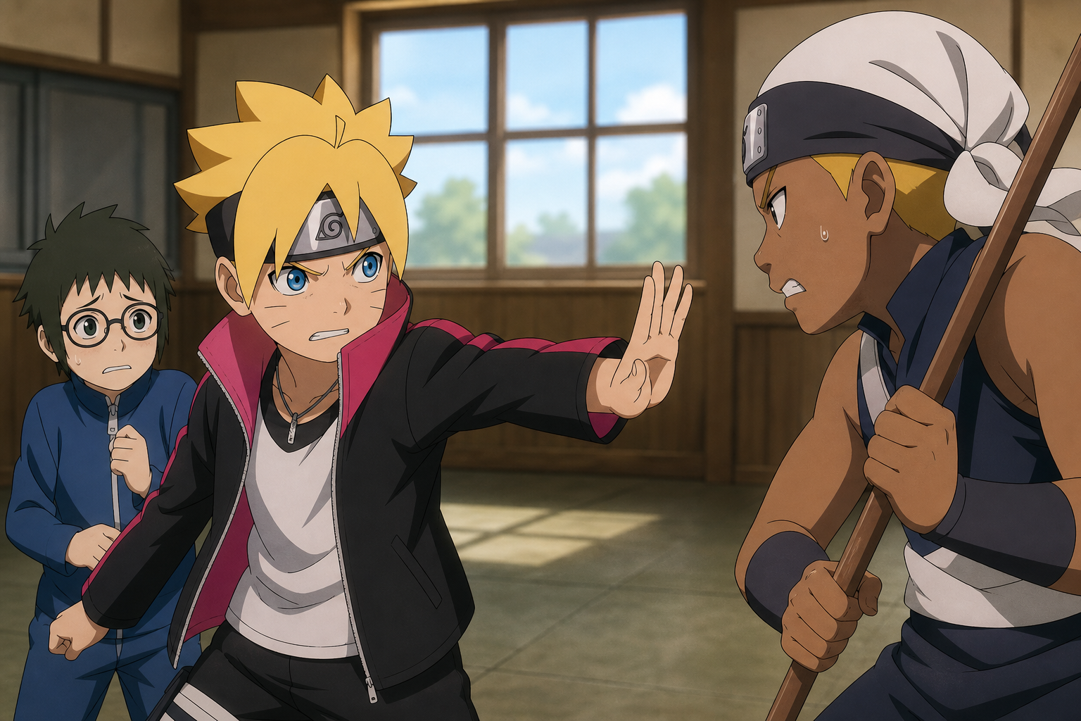 Boruto confronts Iwabee at the Konoha Academy in Boruto Episode 2