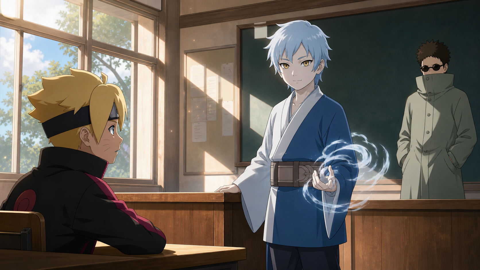 Mitsuki calmly introduces himself while Boruto and Shino study the mysterious transfer student in Boruto Episode 5