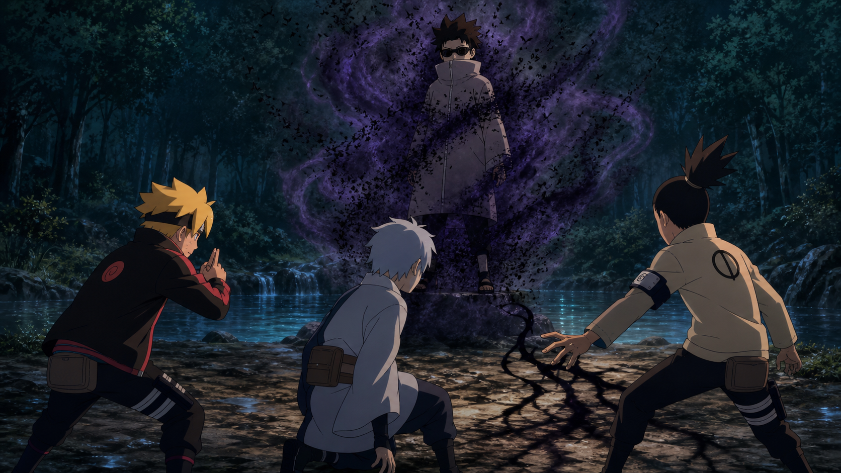 Dark chakra and kikaichū surround Shino while Boruto, Mitsuki, and Shikadai coordinate a rescue in Boruto Episode 6