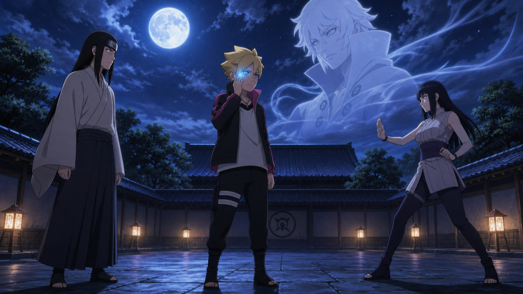 Boruto tests his glowing right eye before Hiashi and Hanabi while Toneri appears as a moonlit dream in Boruto Episode 8