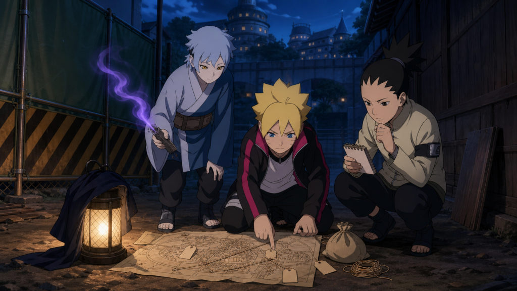 Boruto maps Ghost incident locations while Mitsuki examines dark chakra and Shikadai records the pattern in Boruto Episode 10