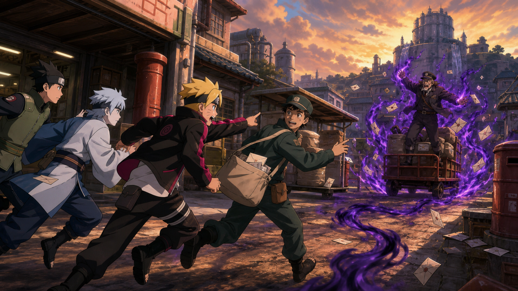 Boruto, Mitsuki, Shikadai, and Tayori race through the postal district toward a possessed Komame in Boruto Episode 11