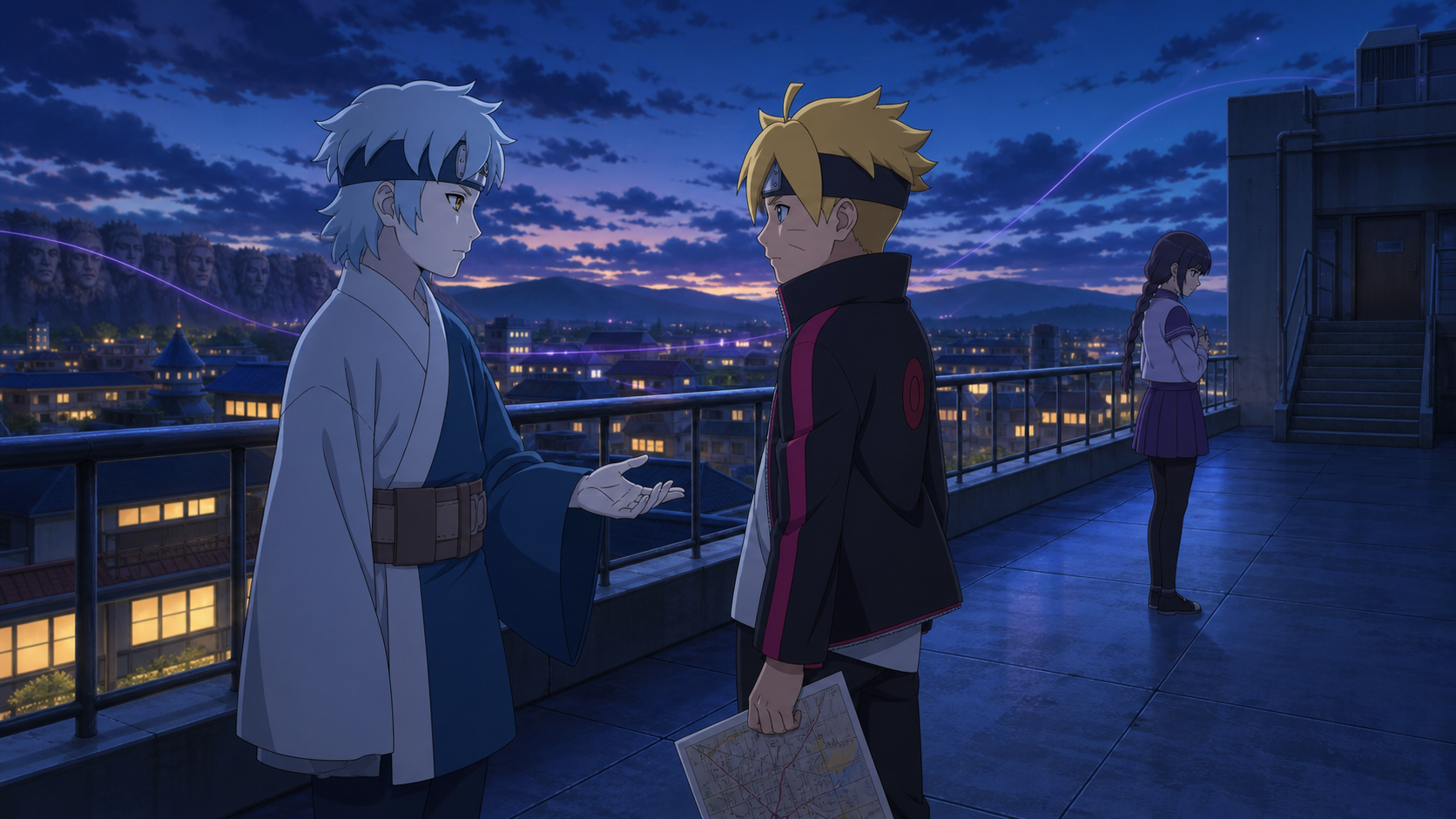 Mitsuki confides in Boruto above Konoha while Sumire stands apart near the stairwell in Boruto Episode 12
