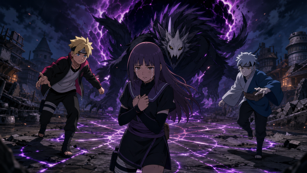 Sumire stands before Nue and a dimensional rupture as Boruto and Mitsuki approach in Boruto Episode 13