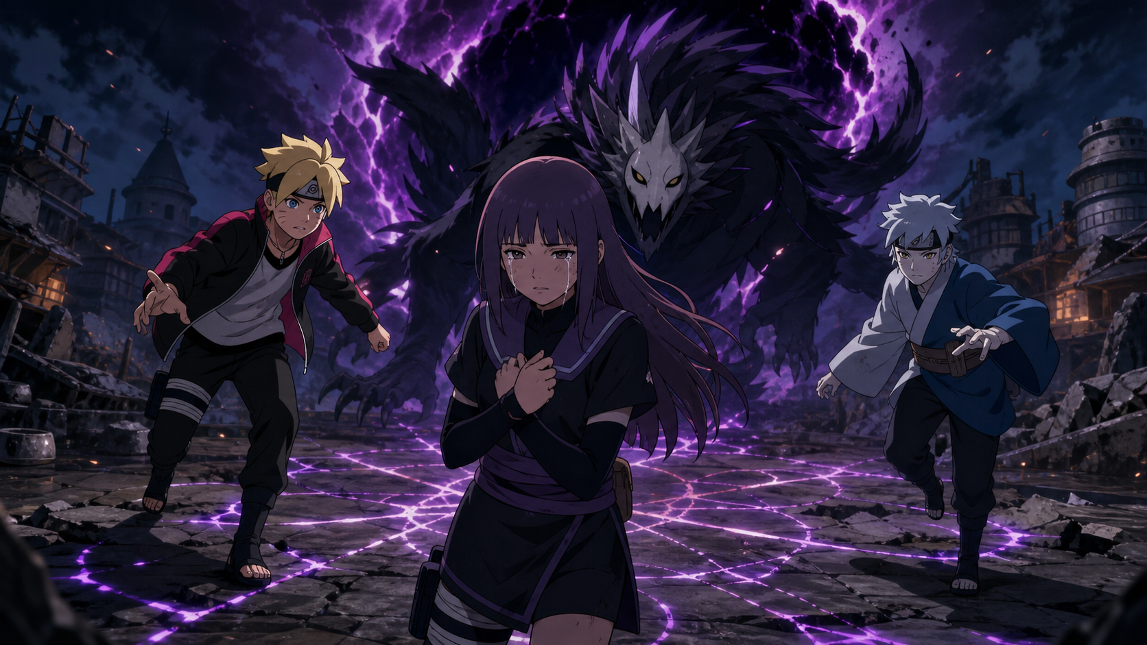 Sumire stands before Nue and a dimensional rupture as Boruto and Mitsuki approach in Boruto Episode 13