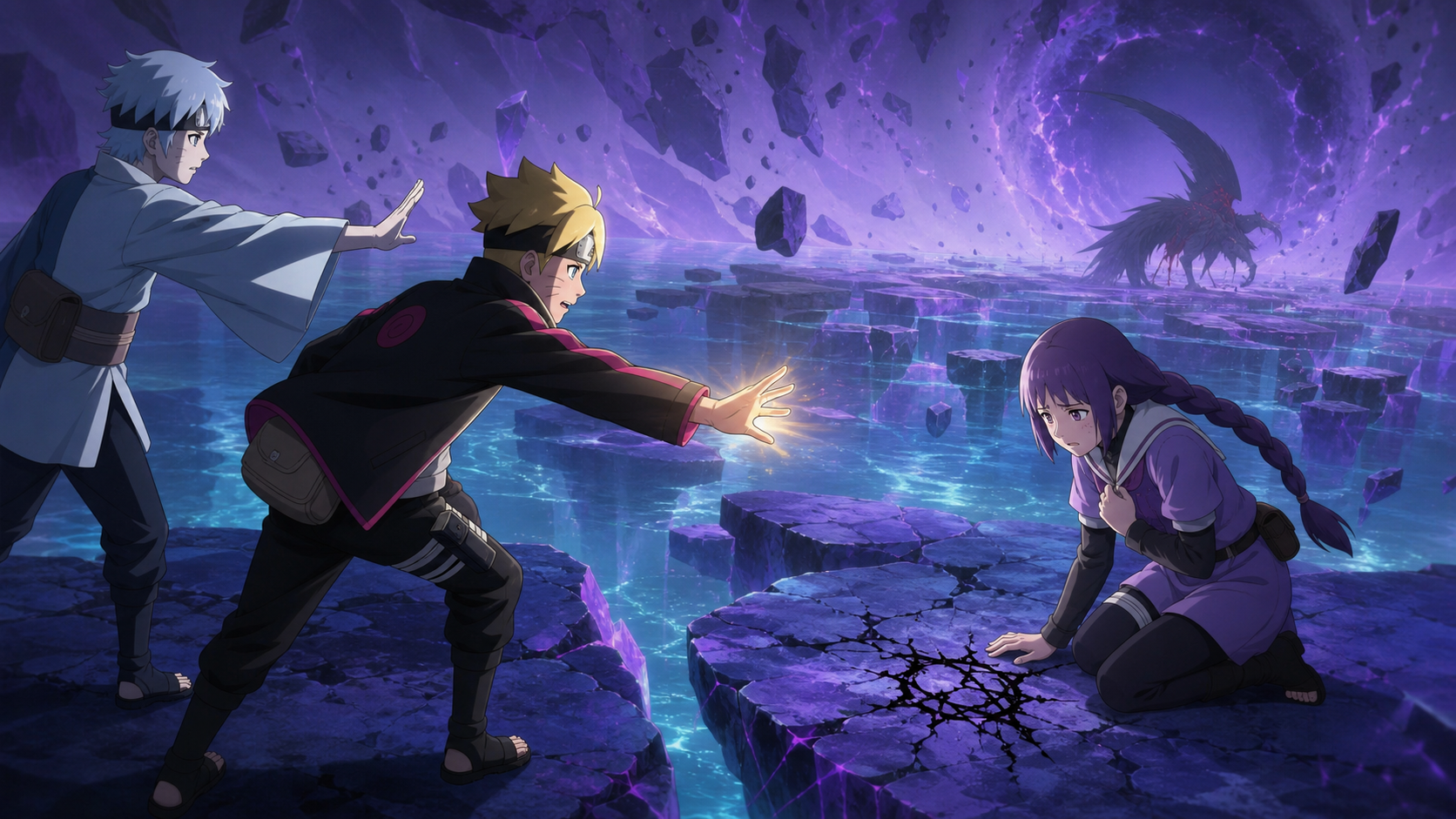 Boruto reaches toward Sumire as Mitsuki holds back and Nue waits across its collapsing dimension in Boruto Episode 14