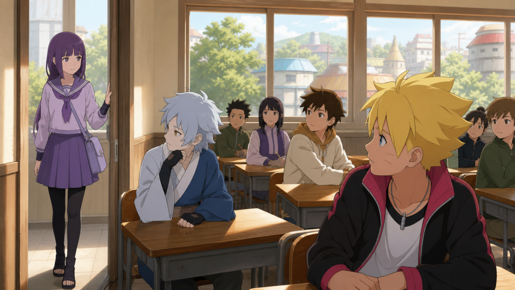 Sumire returns to the Academy classroom while Boruto, Mitsuki, and her classmates welcome her back in Boruto Episode 15