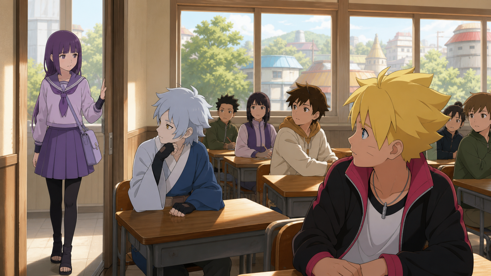 Sumire returns to the Academy classroom while Boruto, Mitsuki, and her classmates welcome her back in Boruto Episode 15