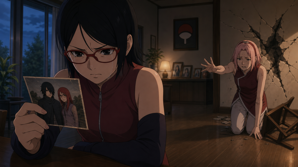 Sarada studies the hidden Team Taka photograph after Sakura’s punch destroys their home in Boruto Episode 19