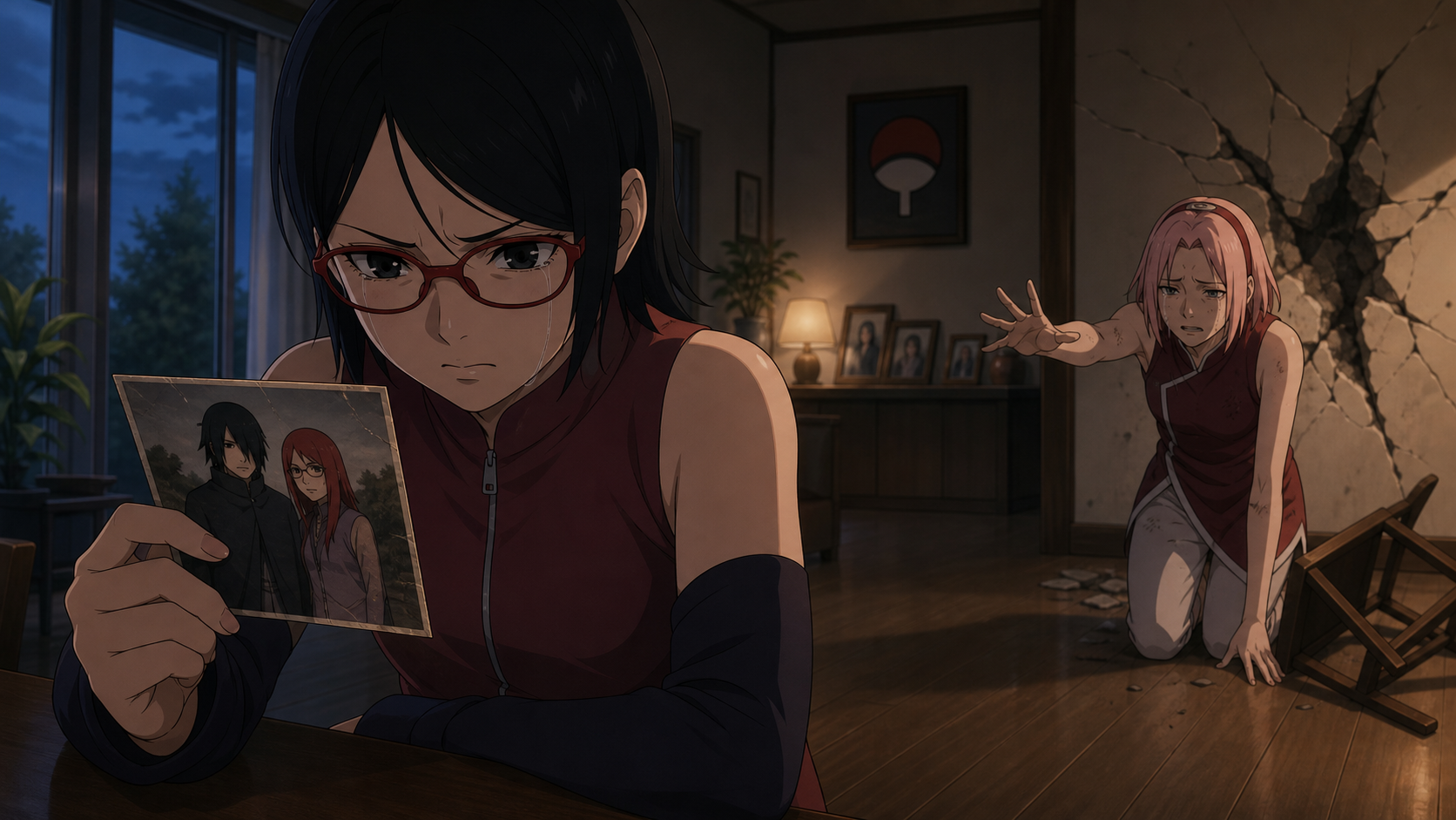Sarada studies a photograph of Sasuke and Karin while Sakura reaches toward her beside a damaged wall in Boruto Episode 19