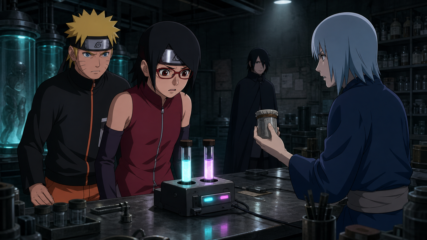 Sarada faces two glowing test samples while Suigetsu holds old tissue, Naruto protects her and Sasuke watches in Boruto Episode 22