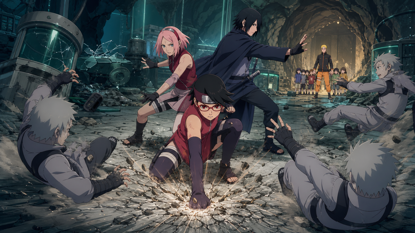 Sarada strikes the laboratory floor while Sakura and Sasuke protect her from Shin clones in Boruto Episode 23