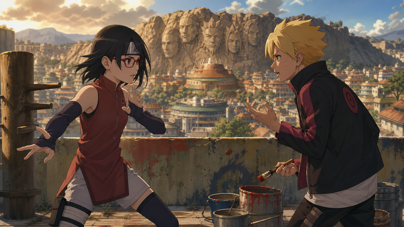 Sarada and Boruto argue beside training posts and paint supplies with the Hokage Monument behind them in Boruto Episode 24