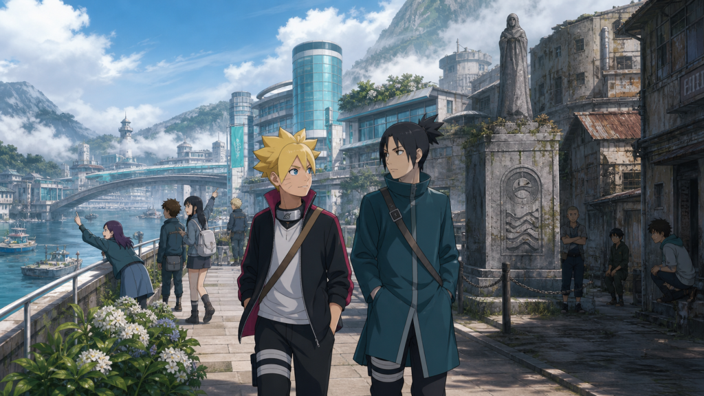 Boruto, Denki, and Iwabee confront Hassaku before Shizuma enters the Hidden Mist alley in Boruto Episode 25