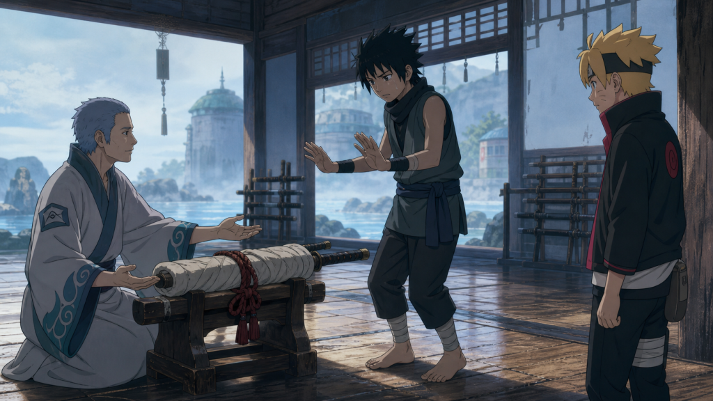 Kagura spars with Boruto using wooden swords at the Hidden Mist Academy in Boruto Episode 26