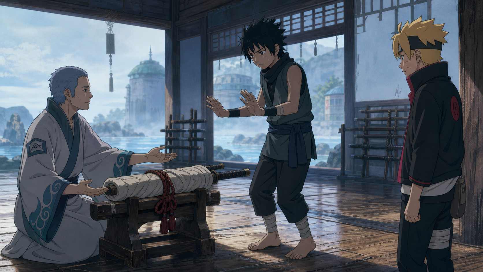 Kagura refuses a wrapped ceremonial blade offered by Chojuro while Boruto watches in Boruto Episode 26