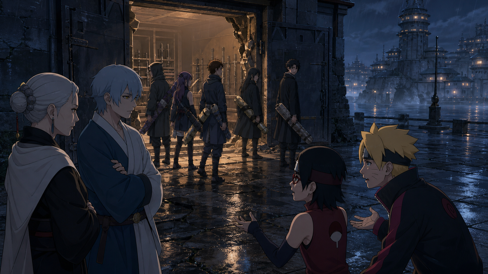 Boruto and Sarada appeal to Chojuro and Mei as Kagura leaves a breached armory with the new swordsmen in Boruto Episode 29