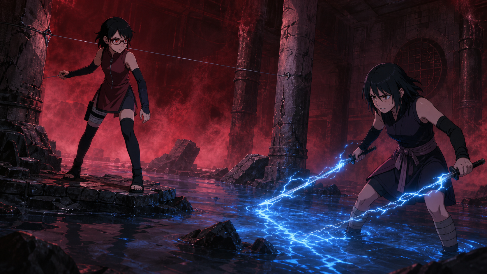 Sarada uses wire and flooded terrain against Buntan and the electrified Kiba blades in Boruto Episode 30
