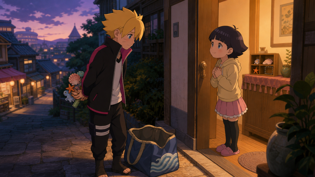 Boruto hides replacement trinkets beside an empty travel bag as Himawari welcomes him home in Boruto Episode 32