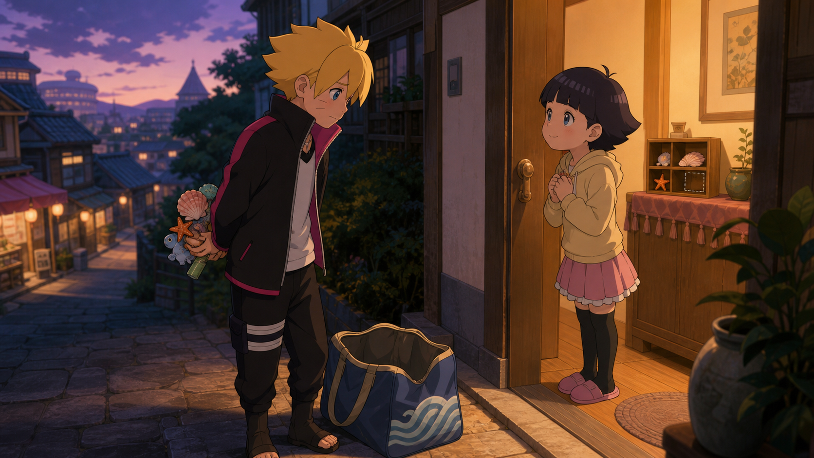 Boruto hides replacement trinkets beside an empty travel bag as Himawari welcomes him home in Boruto Episode 32