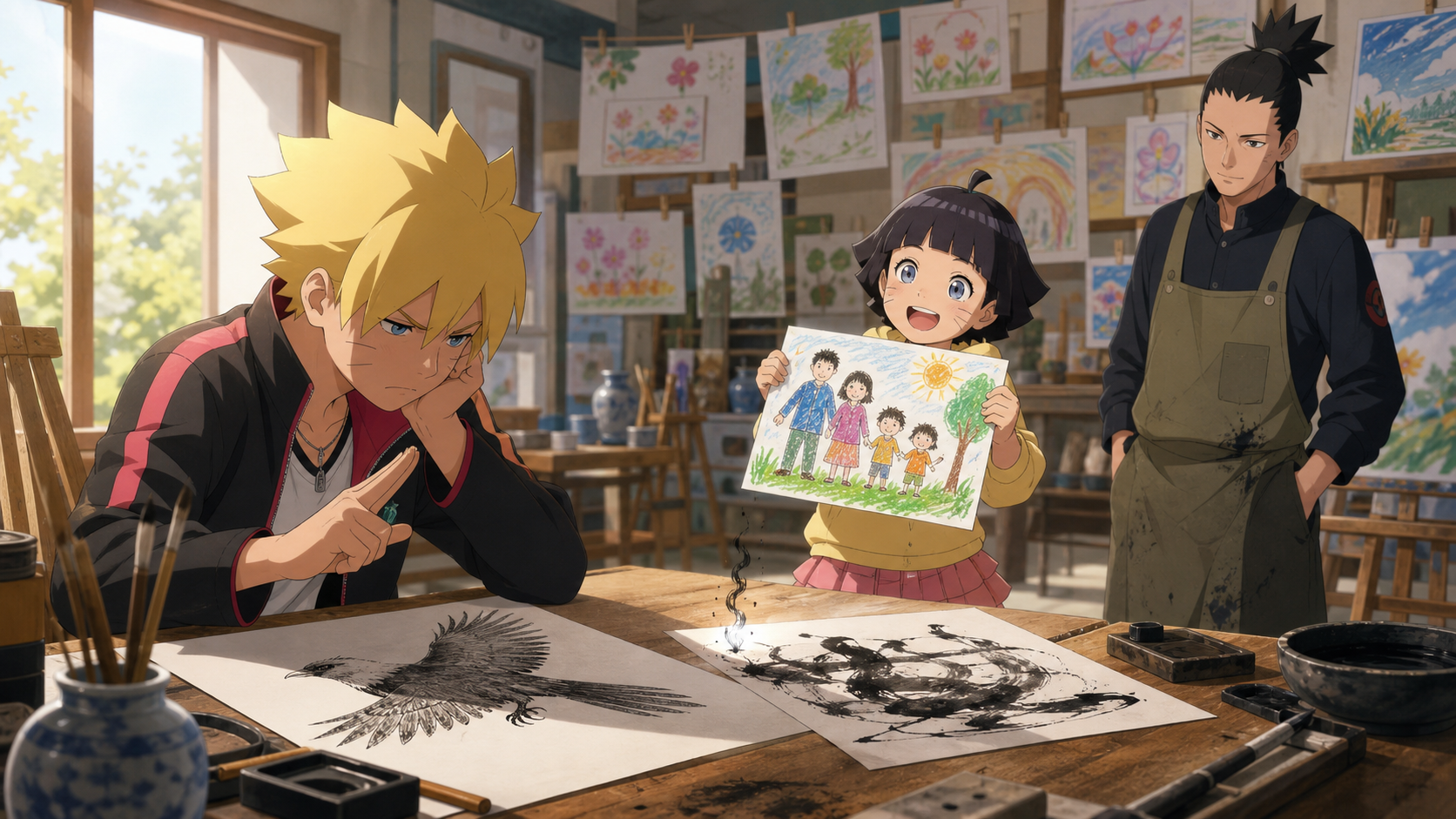 Inojin studies a flat precise ink bird while Himawari shares a sincere family drawing and Sai observes in Boruto Episode 33