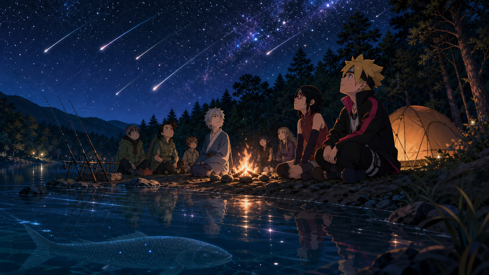 Boruto and Academy friends watch shooting stars beside a lake as the Eternal Carp swims free in Boruto Episode 34