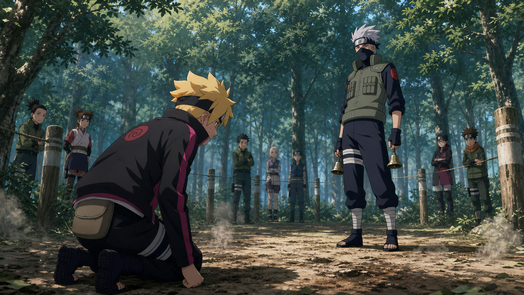 Boruto catches his breath after losing to Kakashi while classmates watch the graduation exam in Boruto Episode 36