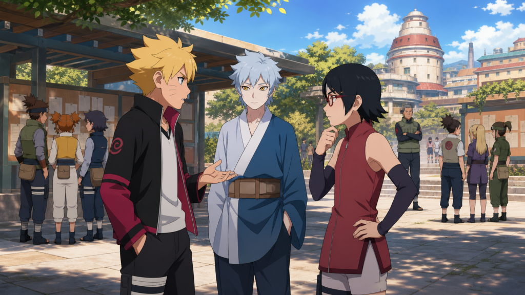 Boruto and Sarada debate their new squad while Mitsuki listens in the Academy courtyard in Boruto Episode 38