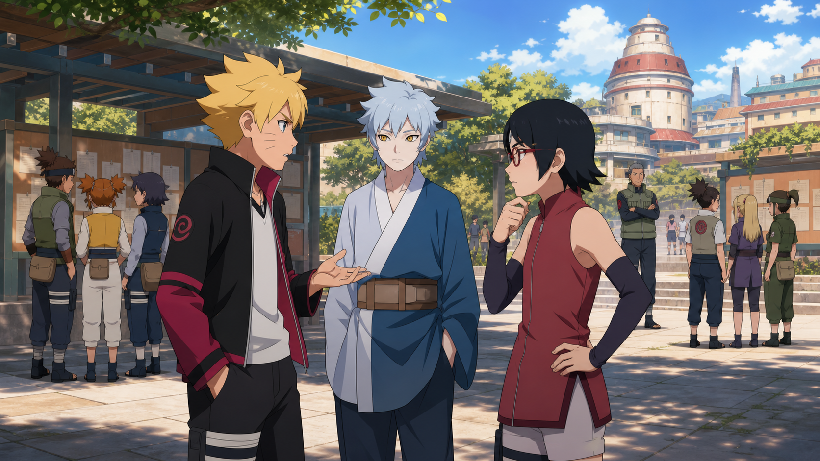 Boruto and Sarada debate their new squad while Mitsuki listens in the Academy courtyard in Boruto Episode 38