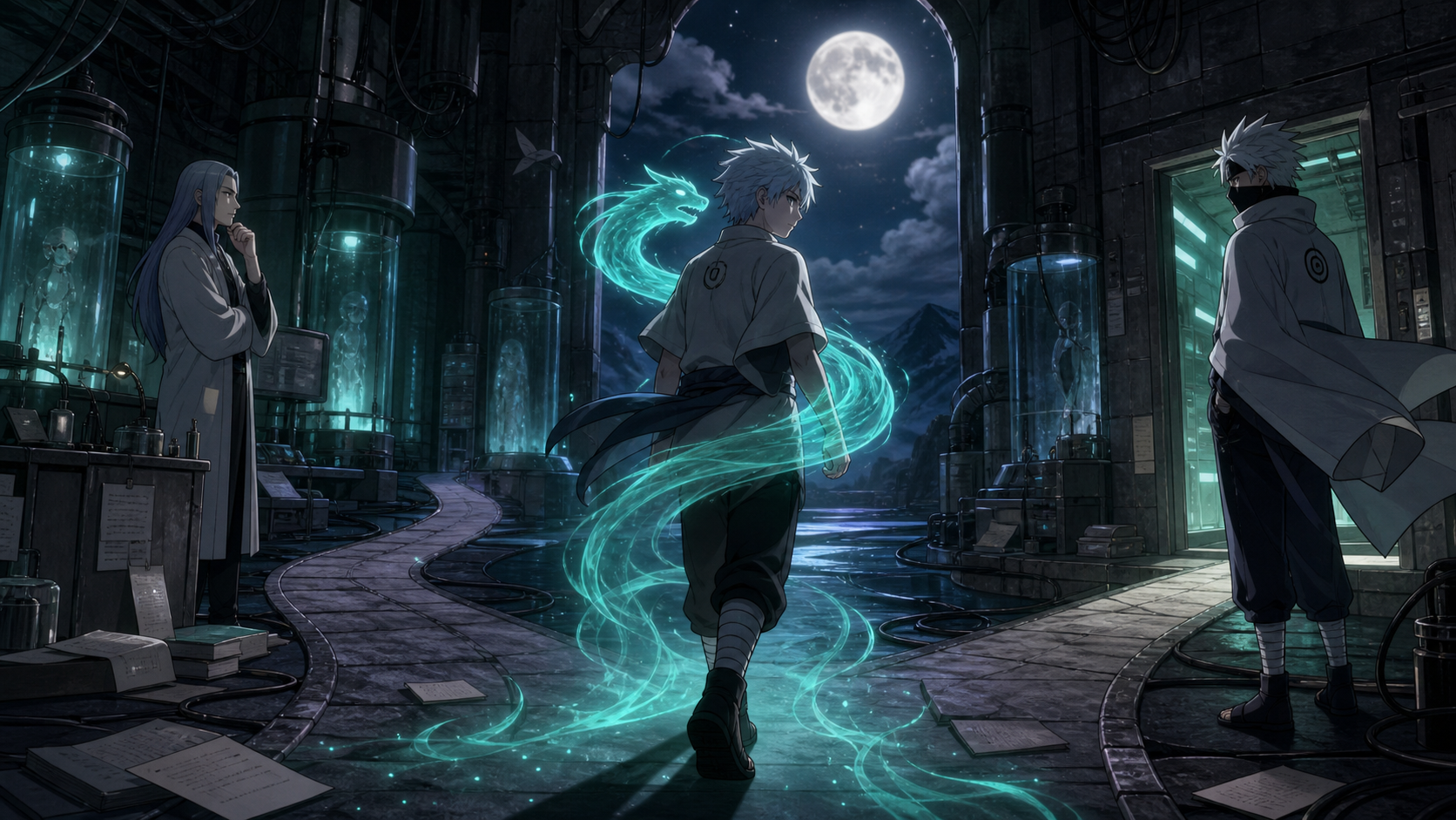 Mitsuki chooses a moonlit path between Orochimaru and Log inside a laboratory in Boruto Episode 39