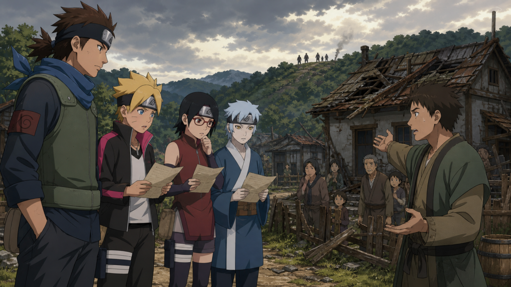 Team 7 learns that a damaged village faces greater danger than the mission papers disclosed in Boruto Episode 40