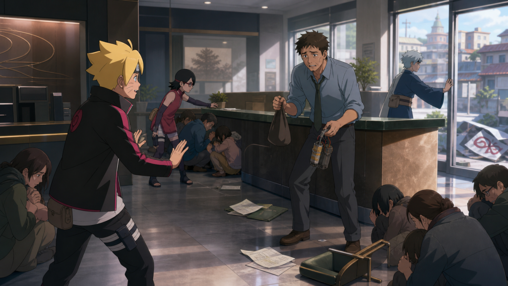 Boruto de-escalates a frightened former employee while Sarada protects civilians and Mitsuki secures the bank exit in Boruto Episode 42