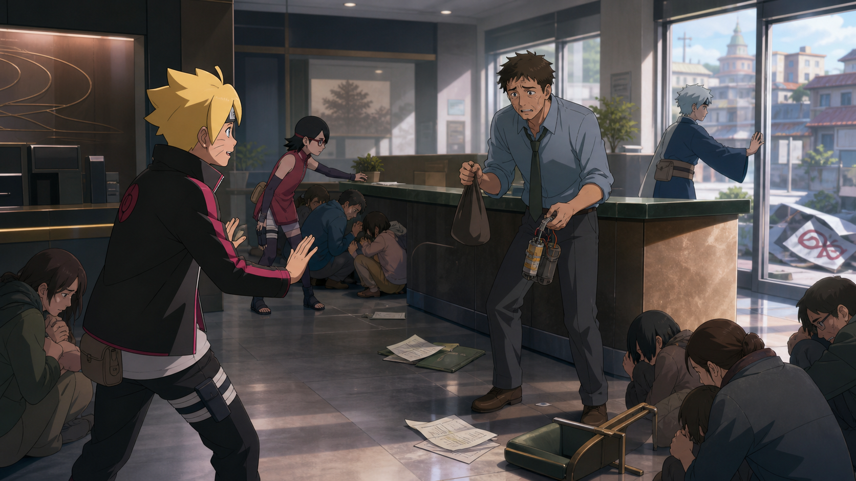 Boruto de-escalates a frightened former employee while Sarada protects civilians and Mitsuki secures the bank exit in Boruto Episode 42