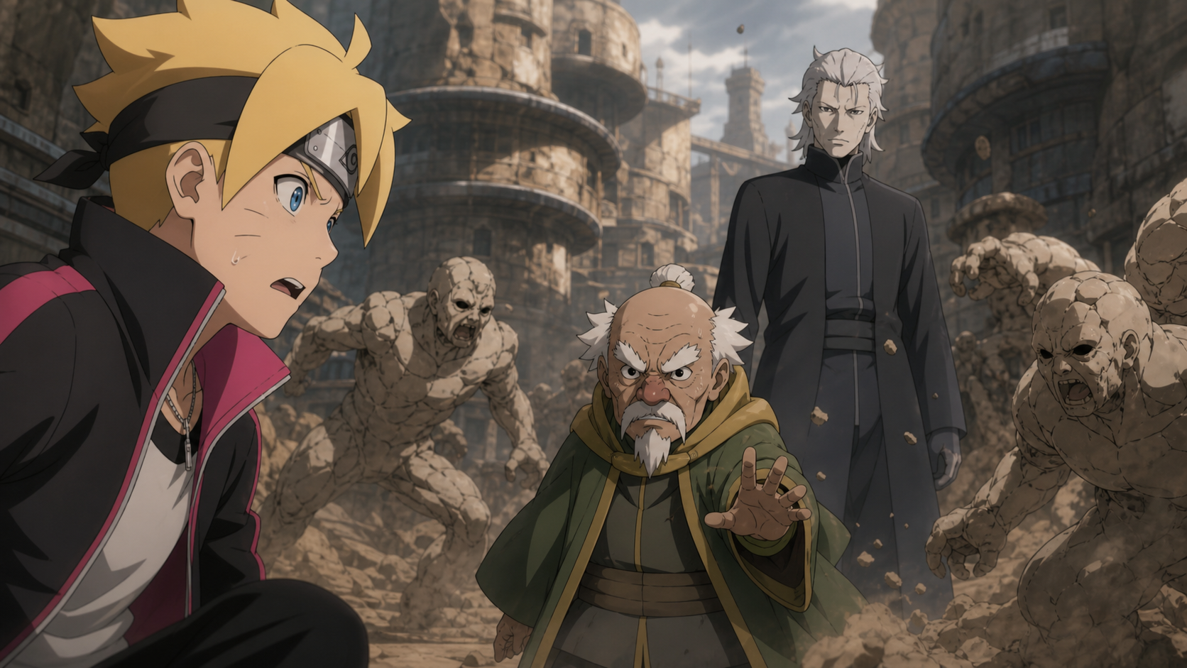 Ohnoki faces Boruto while Ku and the Akuta surround them in the Hidden Stone in Boruto Episode 83
