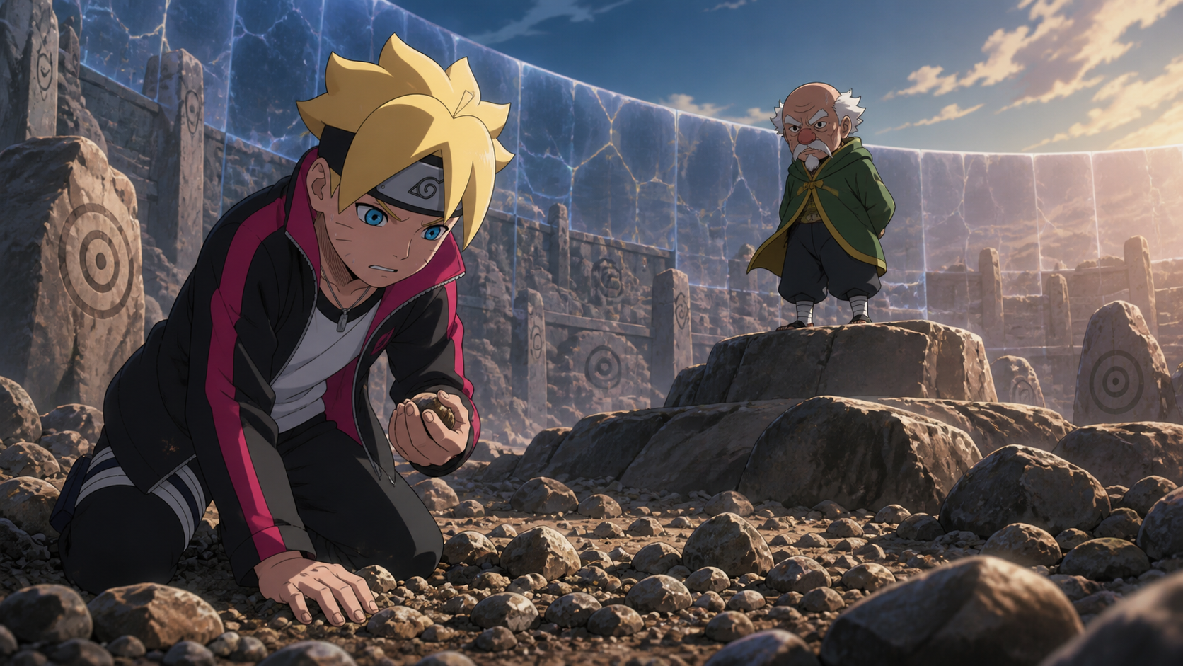Boruto searches for a heart stone while Ohnoki watches inside the Sanzu Plains barrier in Boruto Episode 84