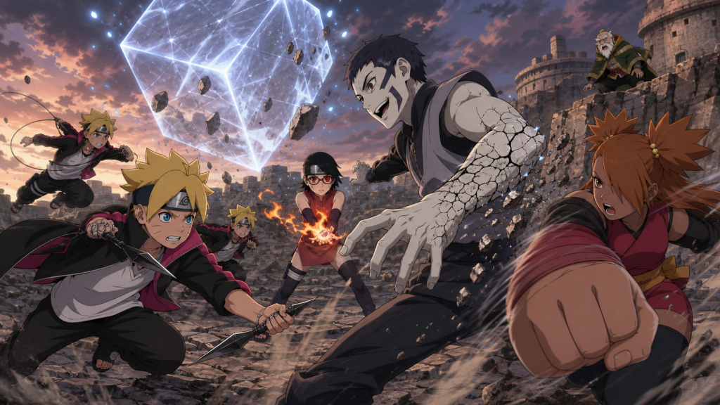 Boruto Sarada and Chocho battle Kakou as Particle Style cracks his body in Boruto Episode 87