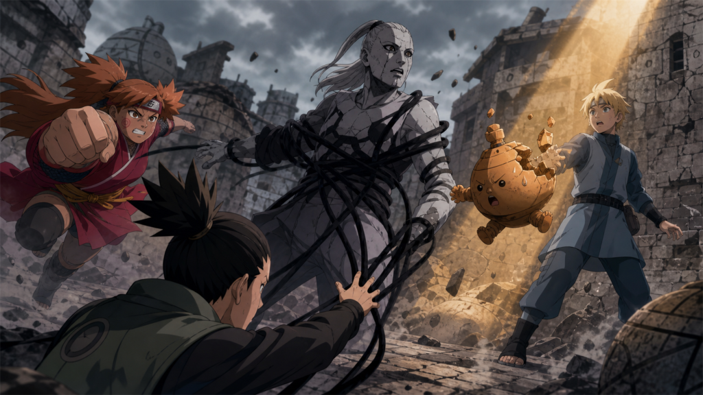 Shikadai Chocho Inojin and Akkun battle Kokuyou in the Hidden Stone Village in Boruto Episode 88